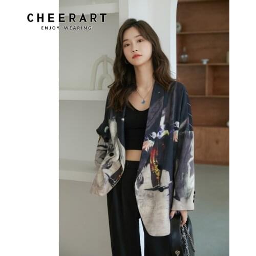 CHEERART 2020 Fashion Blazer Women Striped Print Patchwork Blazers And Jackets Designer Coat Autumn Spring Loose Casual Outwear