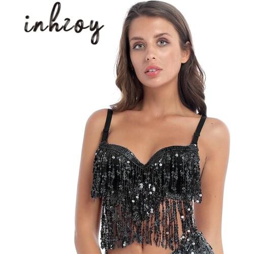 Women Sequins Tassel Underwired Padded Bra Latin Jazz Belly Dance Tops Nightclub Festival Rave Party Stage Performance Costume
