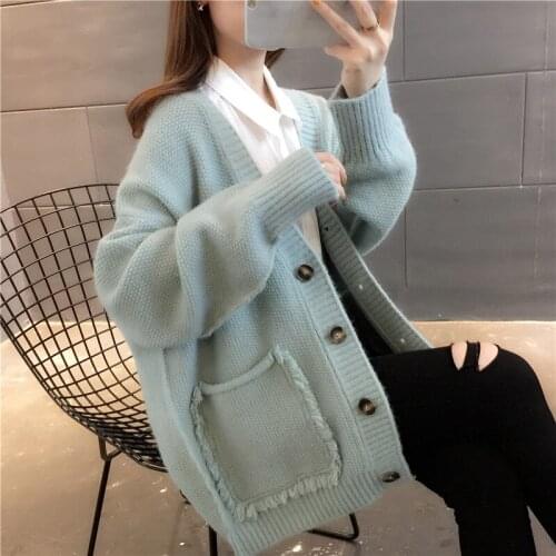 Women Cardigan Casual Knitted Jacket 2021 Spring Autumn V-Neck Black Loose Basic Cardigan Sweater Plus Size Female Knitwear Coat
