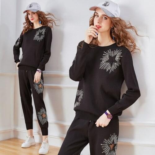 2020 New Women Two Piece Set Elegant Diamonds Pullover With Pants Women Set Full Cotton Knitted Elastic Waist Solid Winter Set