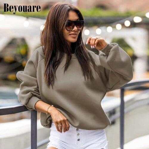 Beyouare Autumn Winter Oversize Sweatshirts Women Solid Cotton Line O Neck Long Sleeve Pullover Harajuku Streetwear Casual Tops