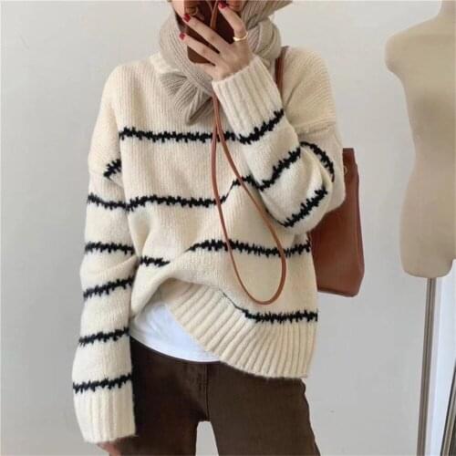 Alien Kitty Fishbone Striped Thicken Sweater Knitted Warm Bottom Tops Autumn 2021 OL Femme Chic Pullovers Outwear Loose Casual