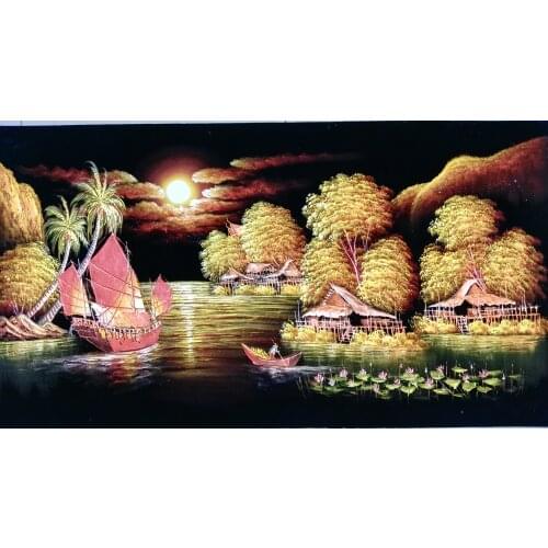 100%Hand Painted Oil Painting on Flannelette Abstract Boat River Landscape Canvas Painting Wall Art Picture for Home Decor