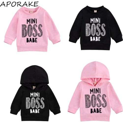 2020 Autumn 0-3Y Toddler Baby Boy Girl Casual Sweatshirt Pullover MINI BOSS BABE Letter Print Hooded Long Sleeve Top Outfit