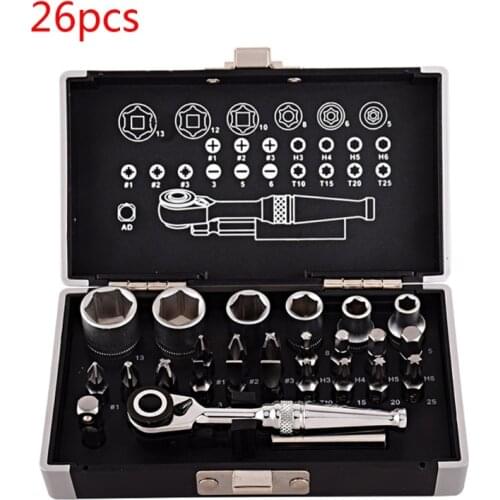 26pcs Mini Ratchet Wrench Socket Bits 1/4'' Drive Spanner Kit Tools for Bicycle Motorcycle Repairing