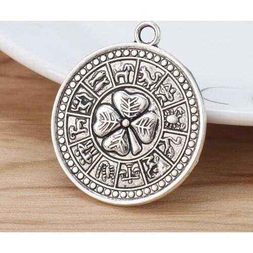 5 Pieces Large Tibetan Silver Lucky Clover Tetragrammaton Pentacle Round Charms Pendants for Necklace Jewelry Making 35mm
