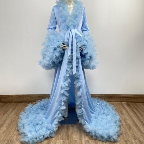 Photo Shoot Props Satin Long Sleeves Tulle Floral Autumn Maternity Dress Party Robe Pregnant Gown for Maternity Fotografia Prop