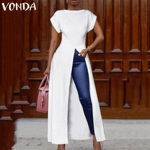 VONDA Women Summer Blouses 2021 Office Ladies Sexy Split Hem Shirts Casual Bohemian Blusas Femme Solid Color Short Sleeve Tops