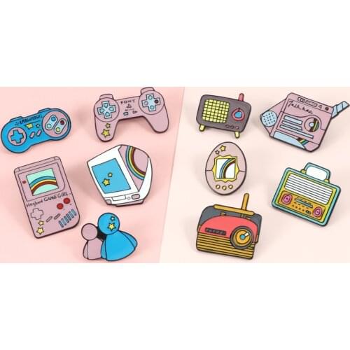 Handheld Game Console Brooches Lapel Pin Bag Pink Blue Game Radio Robot Gamepad Computer Badge Jewelry Gifts For Kids Friends
