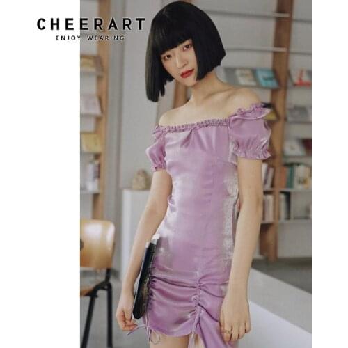 CHEERART Polarized Purple Bodycon Dress Square Collar Puff Sleeve Summer Mini Dress Women Drawstring Tight Dress Fashion 2020
