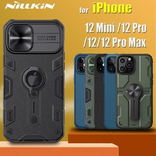 For iPhone 12 Pro Max 12 Mini Case Nillkin Armor Slide Camera Protection Carbon Fiber Textured Frosted Shield Ring Stand Cover
