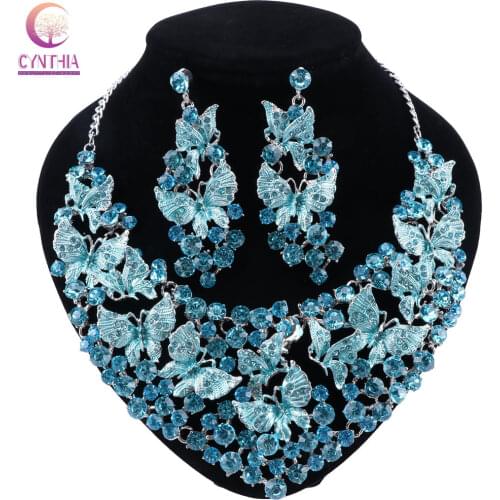 CYNTHIA Wedding Jewelry Blue Crystal Rhinestones Butterfly Necklace Earrings Set for Women African Bridal Jewelry sets