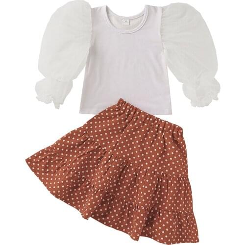 Kids Baby Girls Fashion 2-piece Outfit Set Mesh Bubble Sleeve Top and Polka Dot Skirt Set