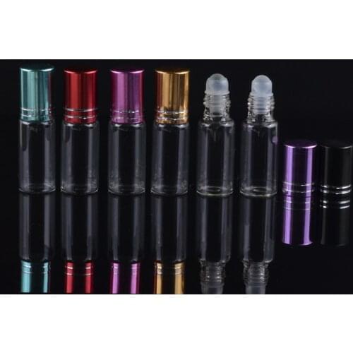 MUB - 5ml (120pieces/lot) Glass Roll On Bottle With 6 Colors Cap Essential Oil Glass Roller Ball Perfume Bottle Wholesale