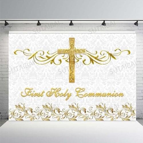 My First Holy Communion Girl Decorations Golden Cross Backdrop Baby Shower Boy Baptism Photo Background Photography Photo Studio