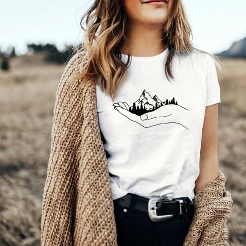 Short Sleeve Womens T-shirt Mountain Print Travel 90s White Tops Harajuku Graphic Tees Women O-neck Clothing Streetwear Tumblr