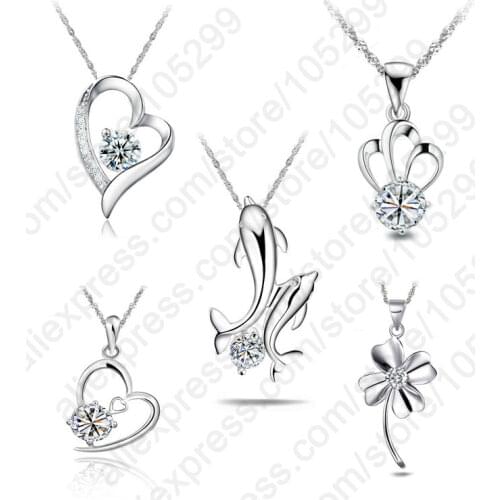 Nice 5PCS 5 Styles Real Pure 925 Sterling Silver Jewelry Heart Dolphin Cubic Zirconia CZ Animal Pendant Necklaces Sets