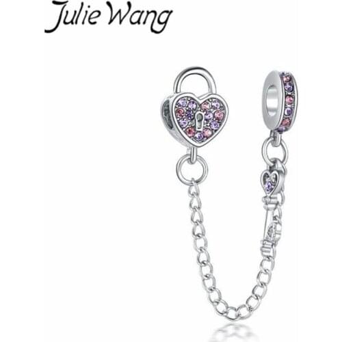 Julie Wang 5PCS Heart Lock Love Key Bead Charms Rhinestone Safety Chain Alloy For Bracelet Jewelry Making Accessory