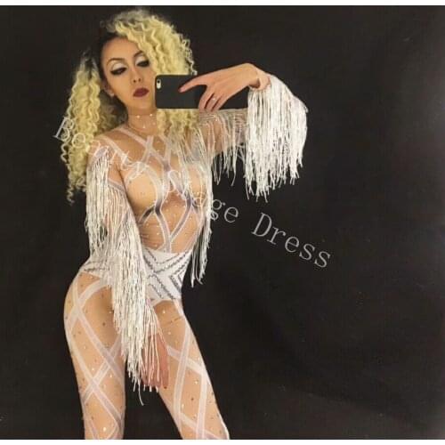 Glisten Crystals Jumpsuit Sexy Long Tassel Women Outfit Nightclub Female Singer Costume Stage Dance DJ DS Performance Clothing