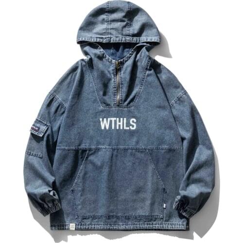 Spring Mens Hooded Jacket American Casual Loose Wash Denim Coat Outdoor Trekking Hiking Training Labor Cargo Travel Camping Top