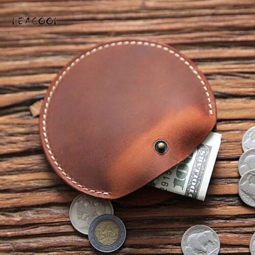 LEACOOL Genuine Leather Coin Purse Woman Men Vintage Handmade Cowhide Mini Small Wallet Wallets Purses Case Bag Holder For Women