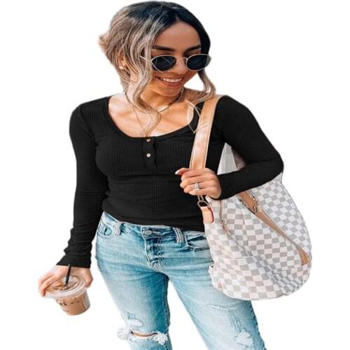 2021 Hot Sale Ladies High Quality Autumn Solid Color Slim Bottoming Shirt U-Neck Pullover Long-Sleeved Top T-shirt