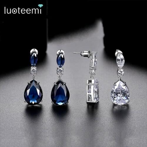 LUOTEEMI High Quality Blue Cubic Zirconia Drop Earrings for Wedding Women Bridal Waterdrop Earring Statement Fashion Jewelry