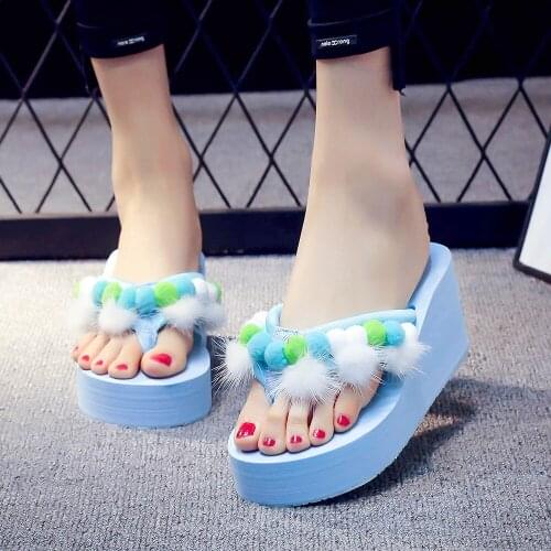 Fashion Colorful Candy Color hair Ball Female Slippers Summer Shoes Women Casual Indoor Outdoor Flip-flops Beach Shoes qq977