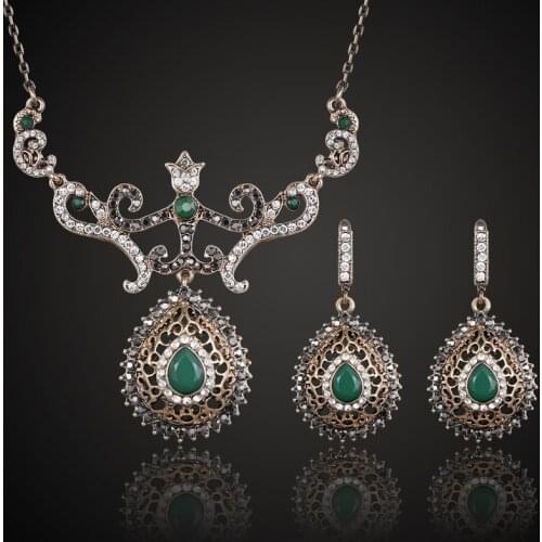 Zlxgirl jewelry Green Crystal wedding necklace earring bridal jewelry sets womens party vintage necklace sets turkish jewelry