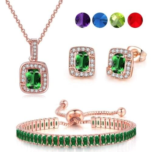 ZHOUYANG Luxury Green Jewelry Sets For Women 3PCS Red Zircon Rose Gold Color Necklace Earrings Bracelet Wedding Accessories S443