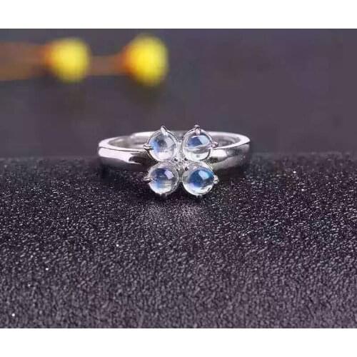 Natural blue moonstone gem Ring Natural gemstone ring 925 sterling silver trendy elegant Cute clover women girl party Jewelry