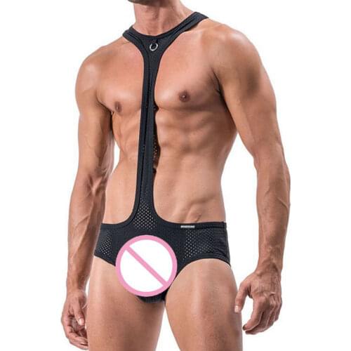 New Sexy Men See Through Hollow Mesh Bodysuit High Cut Leotard Transparent Sexy Underwear Man Jumpsuits Back Strap Gay Wear FX23