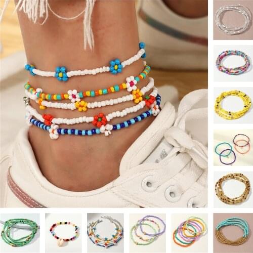 Wholesale Creative Colorful Beaded Anklet Bracelet Set Cute Star Moon Metal Pendant Seed Beads Ankle Bracelet For Woman Gift