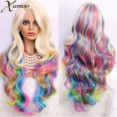 Xumoo Cosplay Wig Side Part Lace Front Wig Synthetic Rainbow Blonde Heat Resistant Body Wavy Perruque Party Lolita Wig For Women