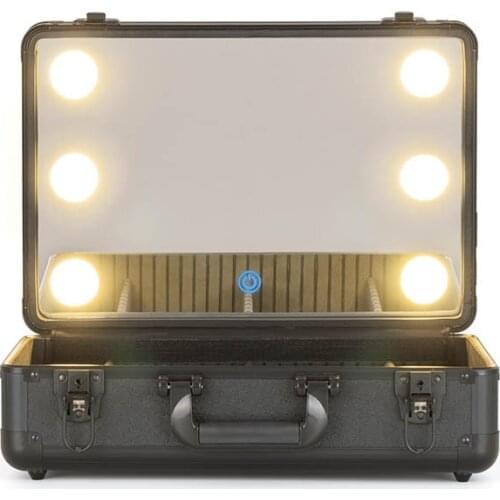 Full Professional Artist Beauty Manicure Hand Makeup Suitcase Black Aluminium Storage Organizer Mirror Lamp Cosmetic Vanity Case