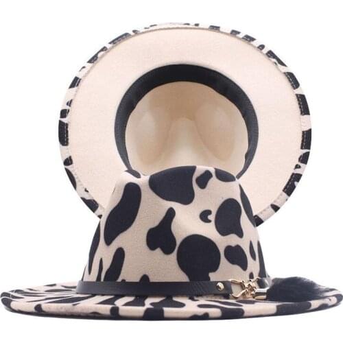 European US British Style Cow Print Jazz Felt Hat Faux Wool Fedora Hats Women Men Wide Brim Panama Party Formal Hat
