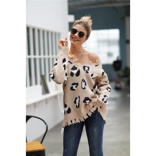 H80&S90 New Women Ripped V-Neck Leopard Knit Sweater Fall And Winter Long Sleeve Sexy Jumpers Fashion Sweaters Pullover Tops