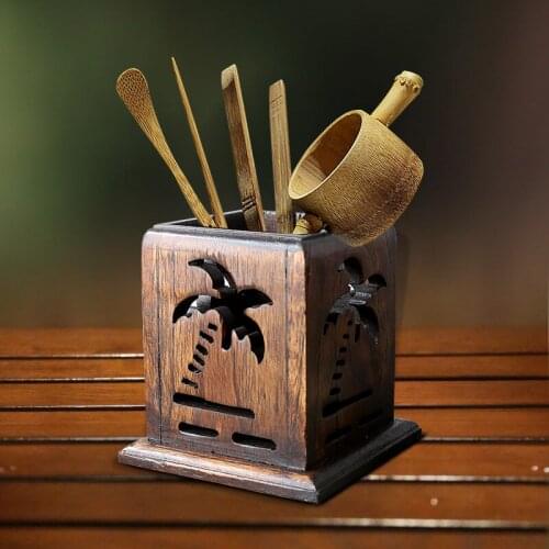 Thai Retro Creative Engraved Solid Wood Pen Box Office Multi-function Wooden Pen Holder Handicraft Decoration