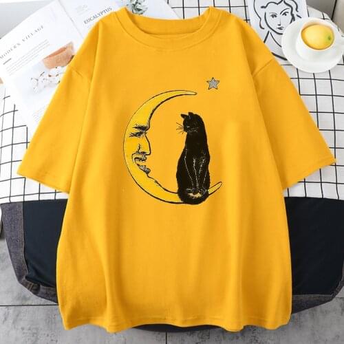 Carry Moons Face With Black Cat Women T-shirt Summer Fashion Clothing Anime Style T-shirts Short Sleeve Casual Female T shirts