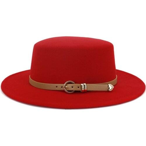 Solid color Autumn Winter Fashion Wool Simple Fashion Round Flat Top Vintage Wide Fedoras Hats for Women Wide Brim Chain ribbon