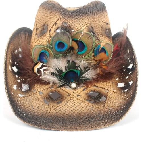 Women Straw Hollow Western Cowboy Hat Lady Handmade Peacock Feather Sombrero Hombre Beach Cowgirl Jazz Sun Hat Size 56-58CM