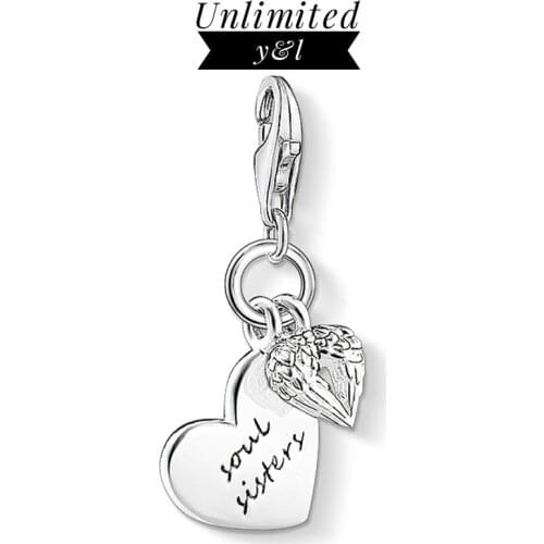 Soul Sister Heart Charms Pendant 925 Sterling Silver Feather Wing Love Bracelet Necklace Fashion Jewelry Accessories Women Men