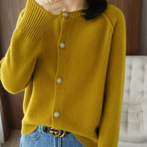 2021 new autumn and winter cashmere cardigan womens round neck solid color thread over sweater 100% wool knitted jacket