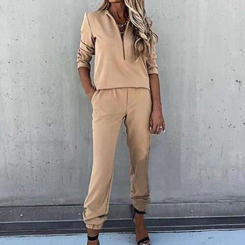Women Sets Solid Color Ankle Banded Women Outfit Two Piece Set Long Sleeve Zipper Neck Sweatshirt Pockets Pants Set Streetwear