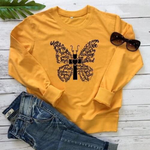 Butterfly Cross Words Sweatshirt Aesthetic Graphic Bible Verse Pullovers Women Religious Christian Faith Sweatshirts Apparel