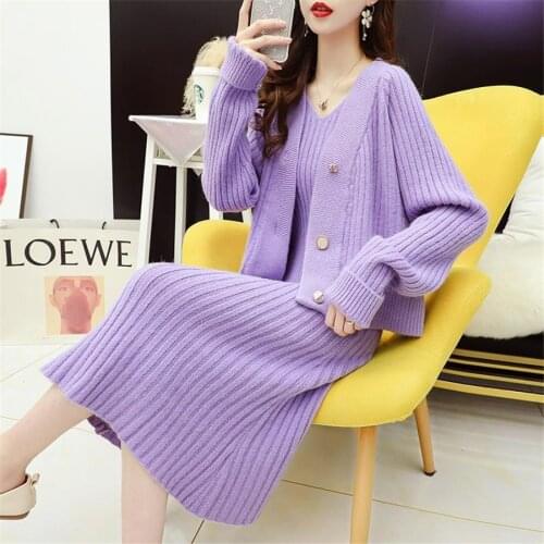 2021 Women Knitted Sweater Long Sleeve Knitwear Top Or Ladies Knitting A-line Mini Skirts Female Suit