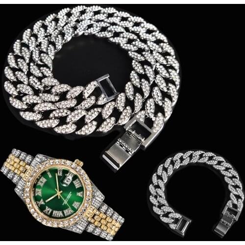 3pcs Kit 15MM Hip Hop Iced Out Paved Rhinestones Miami Cuban CZ Necklace+Watch+Bracelet Rapper Necklaces For Man Jewelry