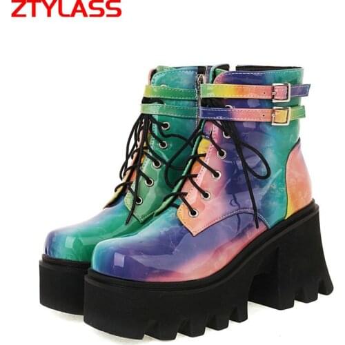 Blue Red Autumn Winter Motorcycle Boots Women Fashion Mixed Colors Platform Shoes Ladies Zipper Thick High Heel Ankle Boots