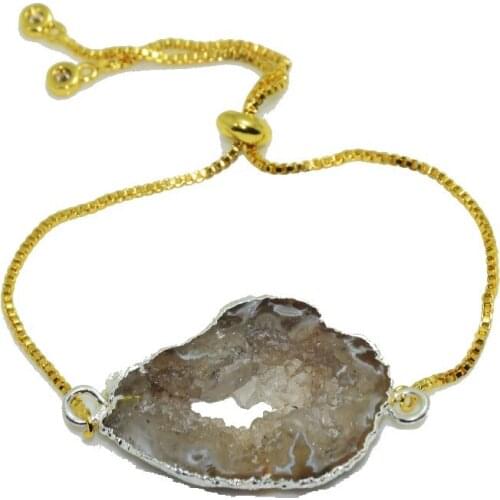 Irregular Grey Blank natural slab stone druzy bracelet gold bezel slice crystal quartz geode druzy connector women bracelet