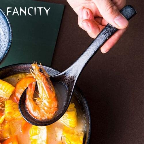 FANCITY Large soup spoon household ceramic spoon long handle soup soup spoon creative Japanese style large spoon soup spoon porr
